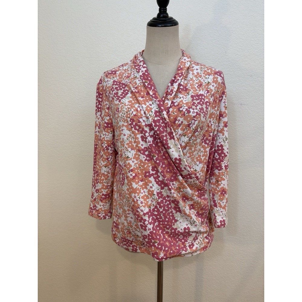 Talbots Faux Wrap Top Pima Cotton‎ Blouse Sz L Floral Vacation Comfort Chic